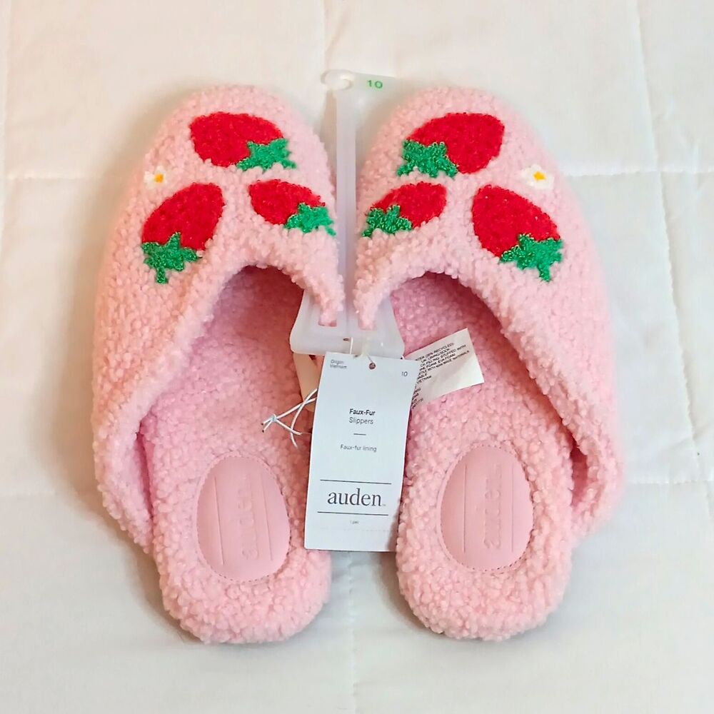 Auden Women's Faux-Fur Slip-On Slippers Pink Embroidered Strawberry Size 10